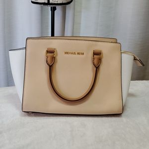 Michael Kors Selma Tan/White Handbag Purse Leather